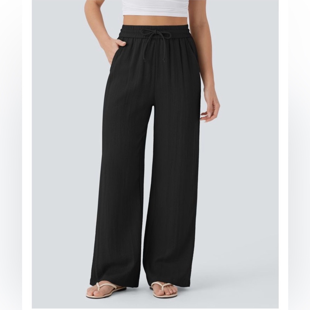 Halara High Waisted Drawstring Pocket Wide Leg Casual Linen-Feel Pants